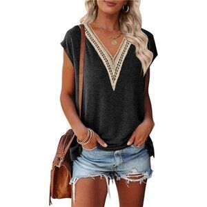 Women's Casual Cap Sleeve Lace Trim V Neck Tops 2025 Summer Loose Tee